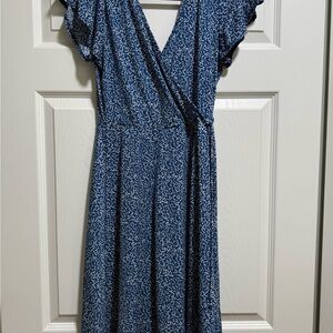 Kaileigh Blue and White Ruffled Wrap Midi Dress